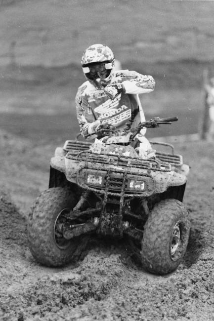 Today it's a written rule that any rider racing a quad on Saturday is ineligible to race the XC1 or XC2 bike class in the same weekend. However, that wasn't always the case. Here's a shot of Scott Summers giving the Utility class a try. Of course, it wasn't just about fun. Summers used that as an opportunity to get a full view of the course as opposed to walking the track. Photo: GNCC Archive