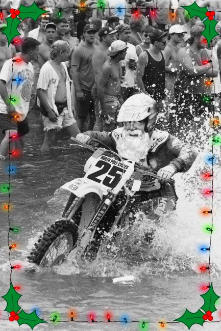 And last but not least, here's a good throwback to the time Santa Claus came out and raced the 1993 Blackwater 100. Santa wanted to fly under the radar aboard his North Pole Cycles backed Husqvarna, but there's no mistaking who was under that open face helmet. Photo: GNCC Archives/J.Bolton Editing Skills