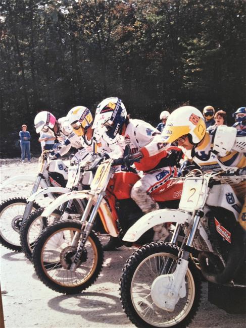 And here's another photo from Ballard from the start of the Big Bear GNCC in Bruceton Mills, West Virginia. On the far end is Ed Lojak. Ballard is on the #3 Can-Am and that's Mark Hyde on the closest Husqvarna... And yes, that IS one of the famous automatic-transmission Huskys that Hyde is on.