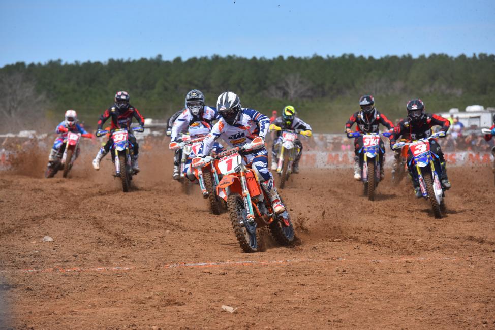 Russell also took the $250 All Balls Racing Holeshot Award surrounded by Yamaha machines Photo: Ken Hill