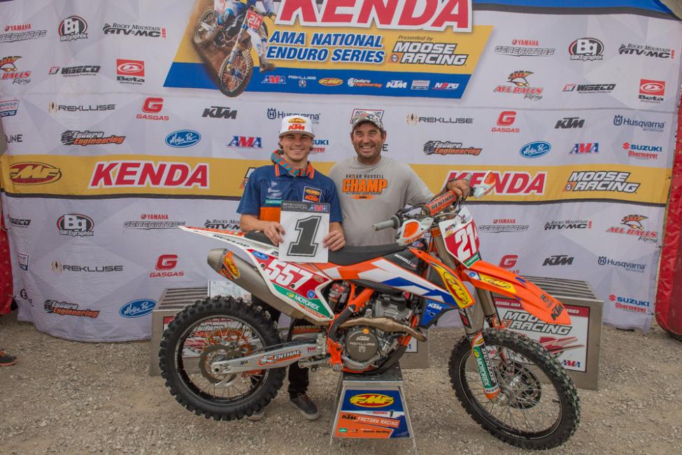 Kailub and Jeff Russell have become the only father son duo to earn National Enduro Championships. Photo: Shan Moore