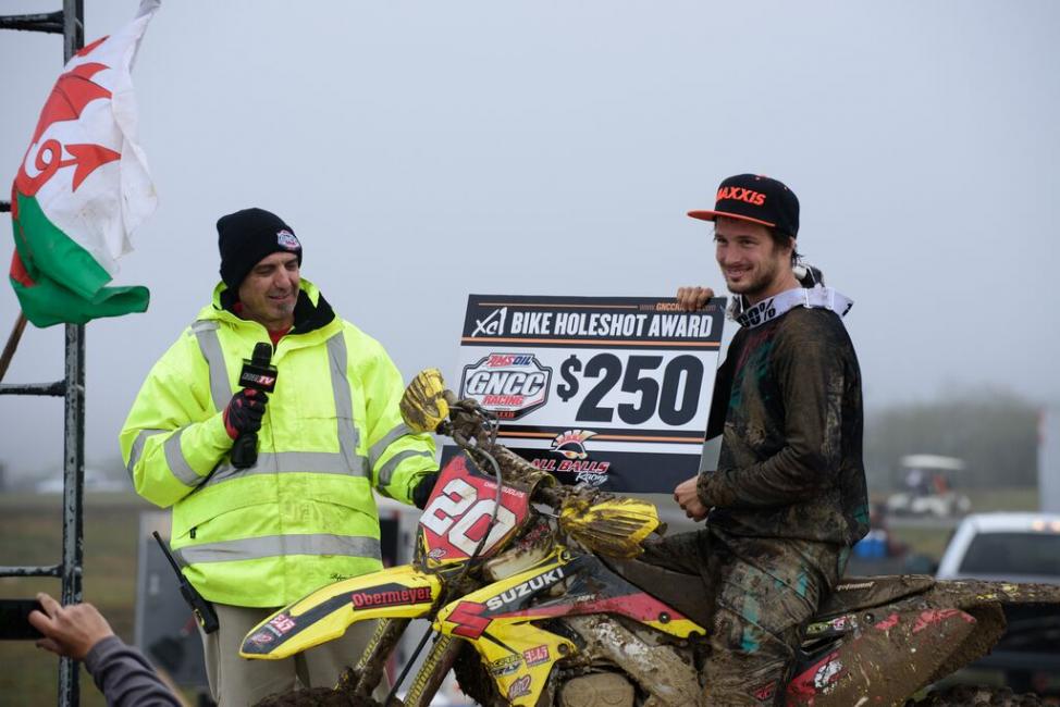 Chris Douglas claims the $250 All Balls Racing XC1 Holeshot Award.Photo: Ken Hill