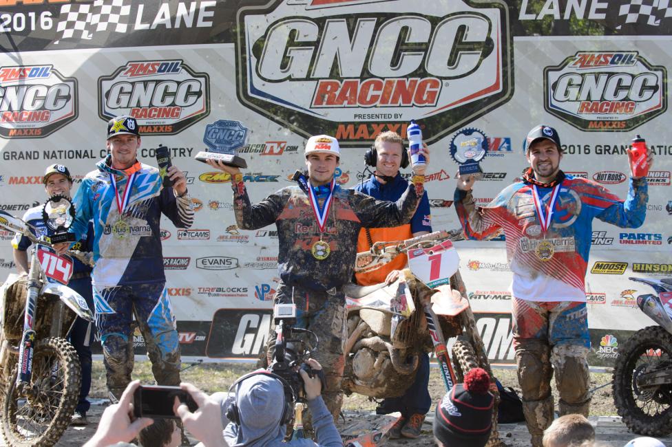 Overall Podium: (2) Josh Strang, (1) Kailub Russell, (3) Thad Duvall.Photo: Ken Hill