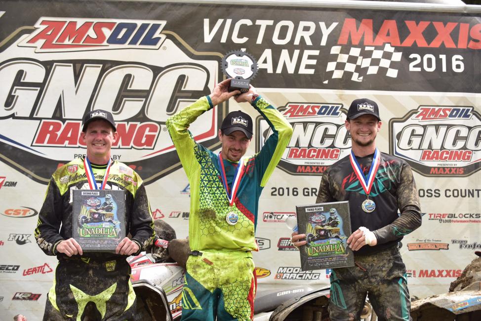 10 a.m. Overall Podium: (2) Bryan Buckhannon, (1) Keving Cunningham, (3) Cody Miller.Photo: Ken Hill