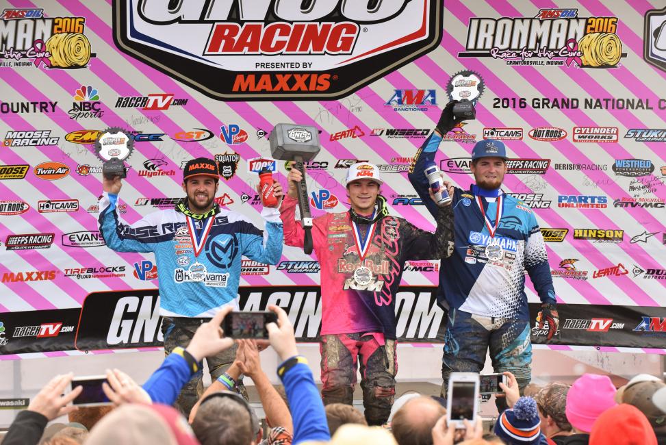 Overall Podium: (2) Thad Duvall, (1) Kailub Russell, (3) Grant Baylor.Photo: Ken Hill