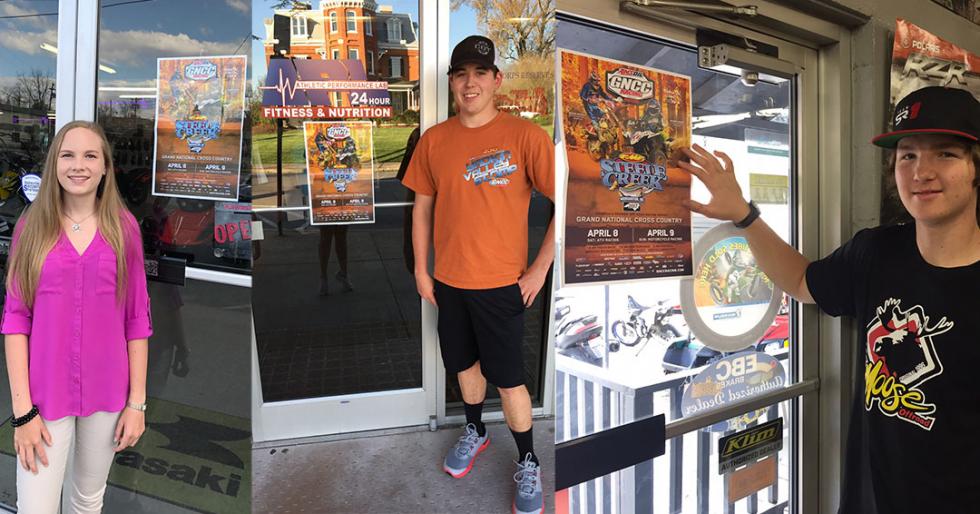 Alexis Phillips, Cody Jeffers and Eli Childers earned their Hometown Hero status by placing posters for the FMF Steele Creek GNCC all around town.