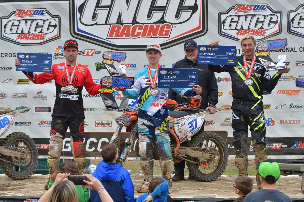 Jesse Ansley (center) earned the FMF XC3 125 Pro-Am class win followed by Christopher Venditti (right), and Alex Teagarden (left).