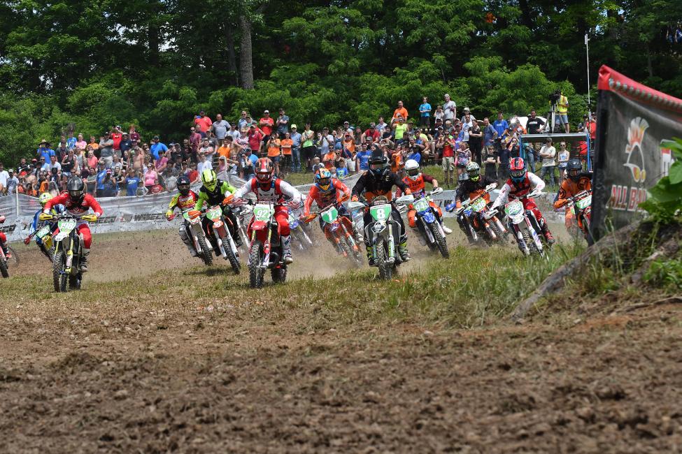 Nick Davis #927 and Craig Delong #8 were neck-and-neck for the holeshot at The John Penton.