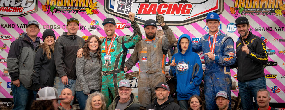 Hunter Miller, the 2018 GNCC XC1 Pro Turbo UTV class champion (center), is joined on the final GNCC UTV racing podium by his friends, family and sponsors after securing the class title in his Can-Am Maverick X3 Turbo R side-by-side vehicle with a solid second-place finish this past weekend at the Ironman GNCC in Crawfordsville, Ind.