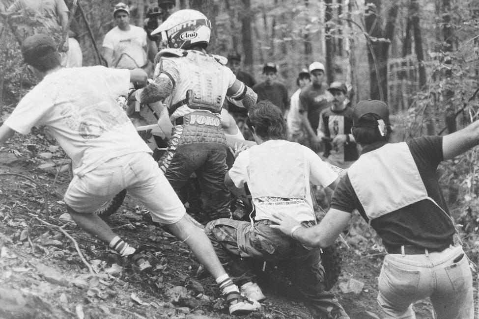 Old school GNCC racers still remember the Mama and Papa Hills at the Hardrock GNCC just outside of Fairmont, WV. Here's a shot from the top of the hill in 1992 where Ed Lojak made a rare mistake and needed a little assistance... If that doesn't show you how tough those hills were, then I don't know what will!