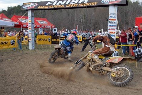 Here's a still shot of that incredible finish at the 2007 Steele Creek GNCC. Barry Hawk had passed Glenn Kearney about 10 feet before this shot coming into the finish line. If it looks to you like Glenn is about to fall, thats because he was. Glenn was so exhausted he collapsed once they made it into the finish line tents!
