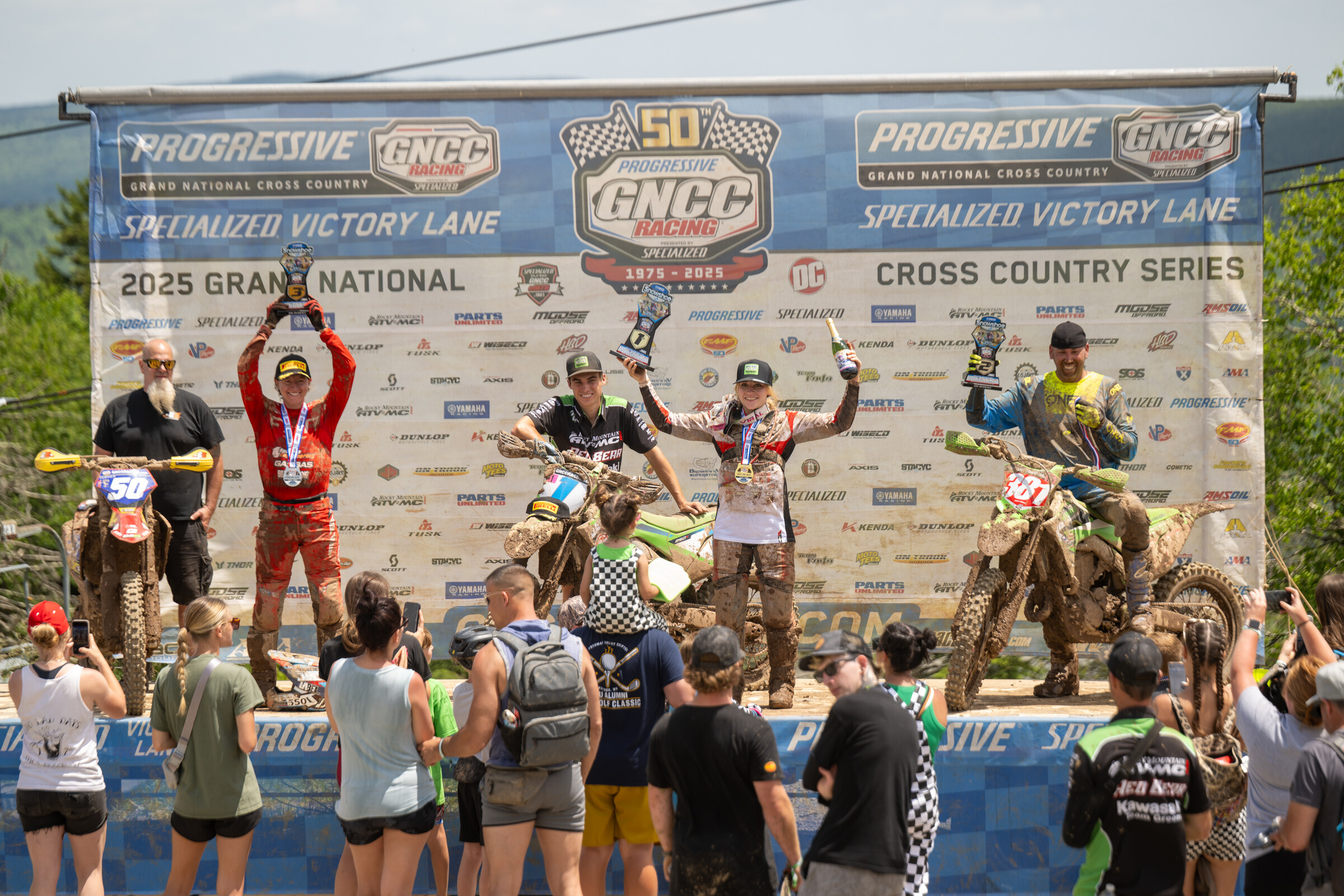 Morning Bike Overall Podium: Rachael Archer (center), Shelby Turner (left) and Gary Fridley (right).