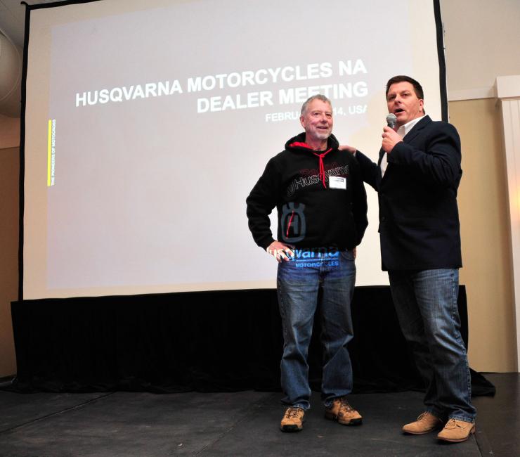 Brad Hagi (right) introduces John Moore, Husqvarna Motorcycles dealer since 1996!