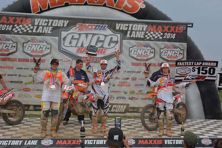 Mullins (center), DuVall (left) and Russell (right) rounded out the podium at Limestone 100 GNCC