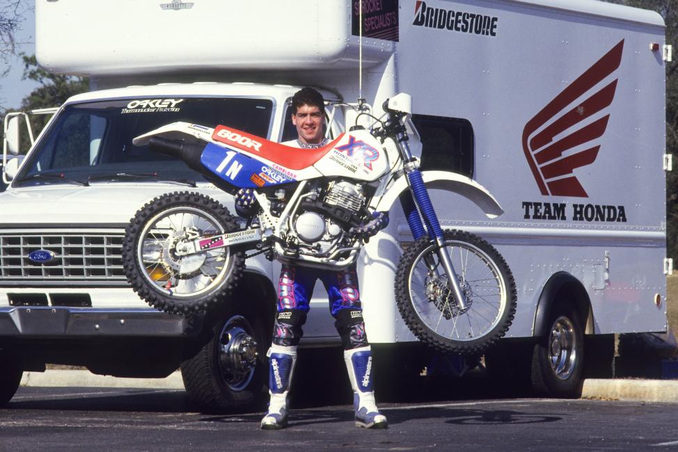 Scott Summer performing his trademarked dead lift of an XR600R
