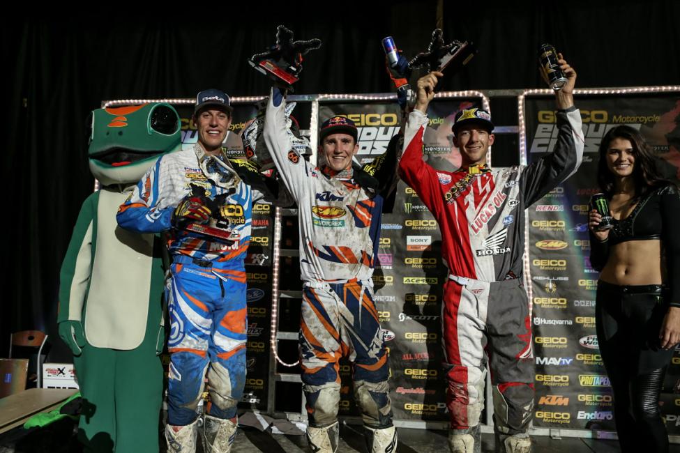 Taylor Robert (center), Colton Haaker (right) and Cody Webb (left) were the top threeat the endurocross in Everett, WA.