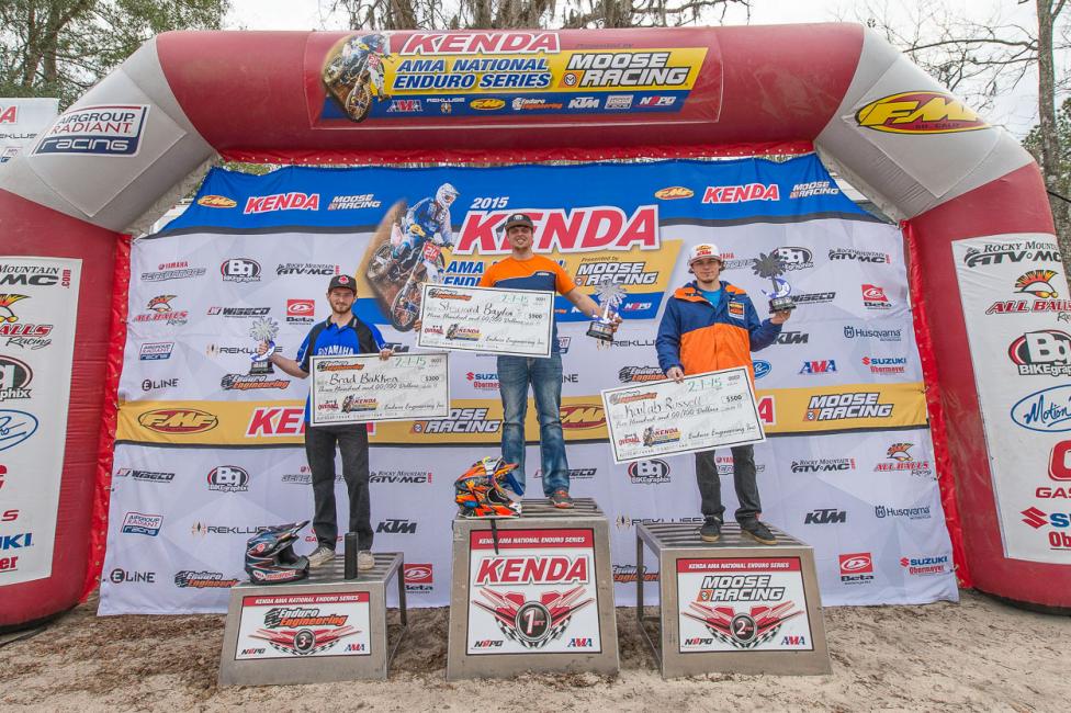 Steward Baylor (center), Kailub Russell (left) and Brad Bakken (right) made up the podium at the Sumter Enduro!