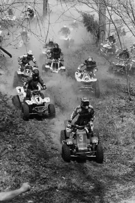 The pro quads blasting down a hill at Loretta Lynn’s in 1995.