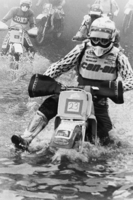I mentioned Geoff Ballard a few weeks back, the Factory Can-Am rider from Australia who contested the National Hare Scrambles in the mid-80s. Well here he is at the 1987 Blackwater 100, and if you look closely, you can see the stuffed Koala bear on his back!