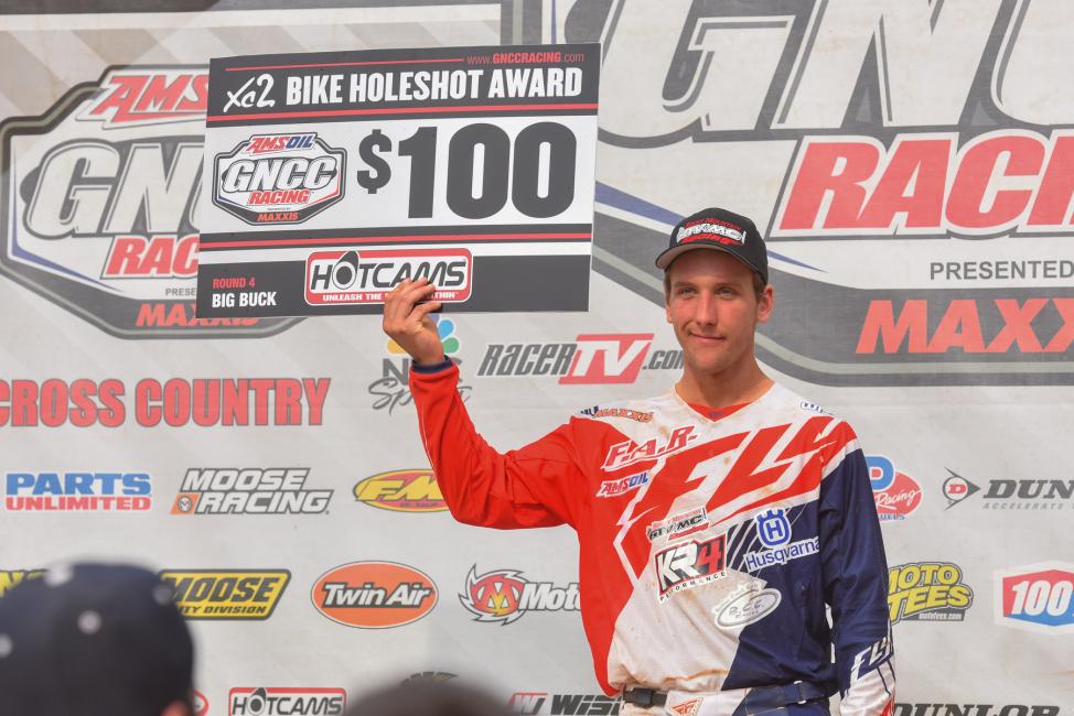 Nick Davis expresses dissapointment with a mechanical issue but he did earn the $100 Hot Cams XC2 Holeshot Award 
