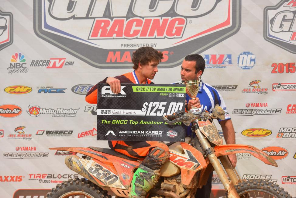 Kentucky’s Vance Francis captured the $125 American Kargo Top Amateur Award with a big win over Anthony Stone in the 250 A class, earning 22nd overall for the day. 