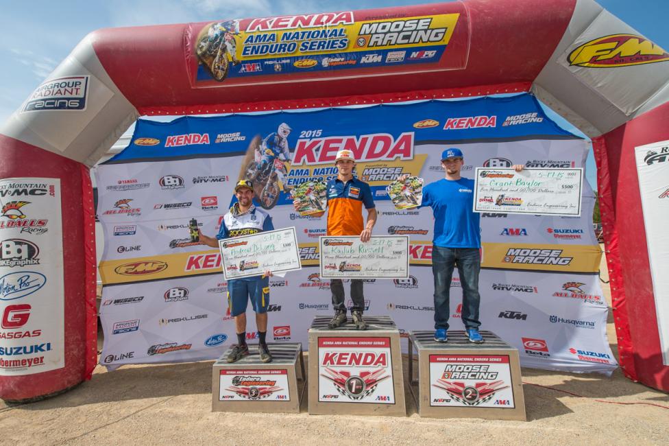 Kailub Russell (center), Grant Baylor (right) and Andrew DeLong (left) rounded out the Lead Belt National Enduro podium