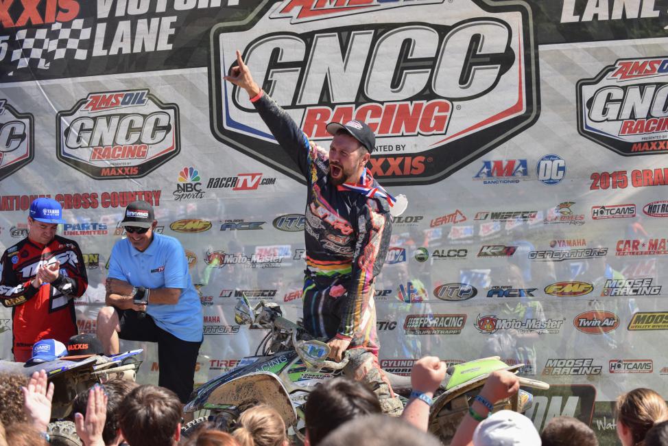 Adam McGill celebrates in front of his home state crowd at the Mountaineer Run GNCCPhoto: Ken Hill