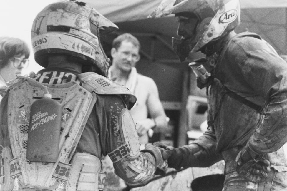 Jan Hrehor and Scott Summer congratulate each other on a hard-fought race at the 1992 Burr Oaks GNCCPhoto: GNCC Archives