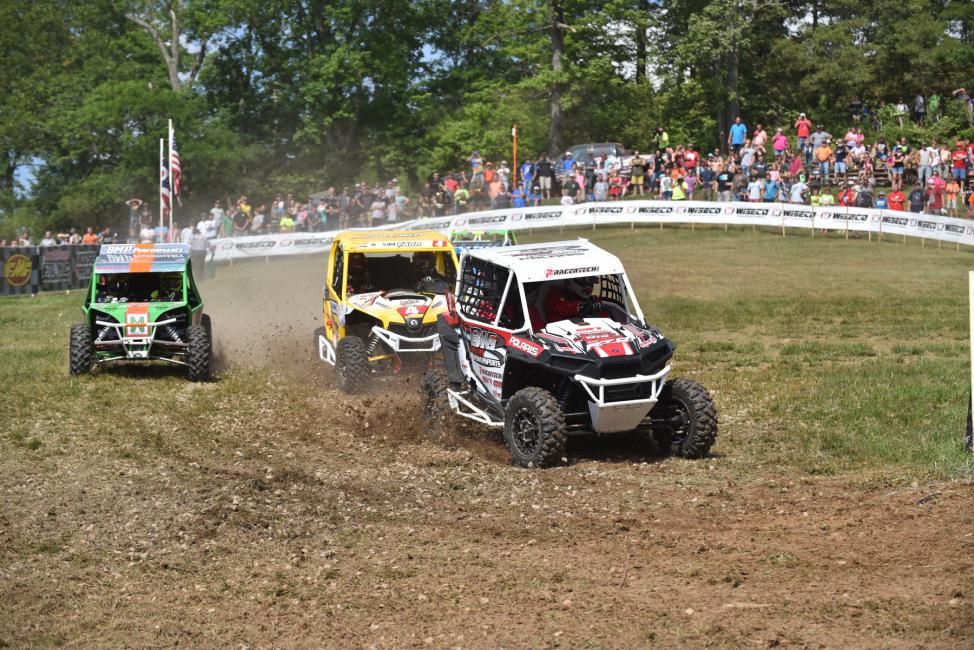 John Yokley grabbed the holeshot and lead the second row of XC1 Pro UTVs into the woods