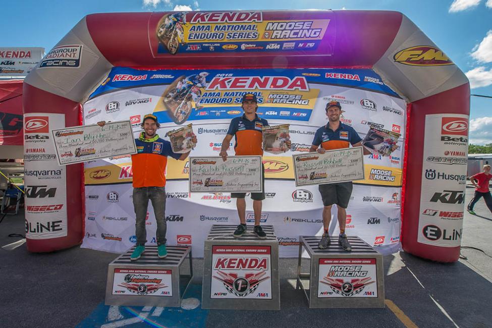 Kenda AMA National Enduro Series Podium: Kailub Russell (center), Russell Bobbitt (right) and Ian Blythe (left).
