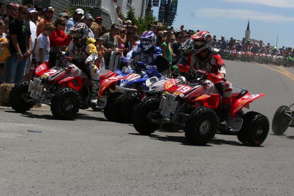 And last but not least, Chris Borich (2) leads Bill Ballance (1) and Matt Smiley (19) through the first turn at the 2007 Snowshoe GNCC.Photo: Jason Hooper