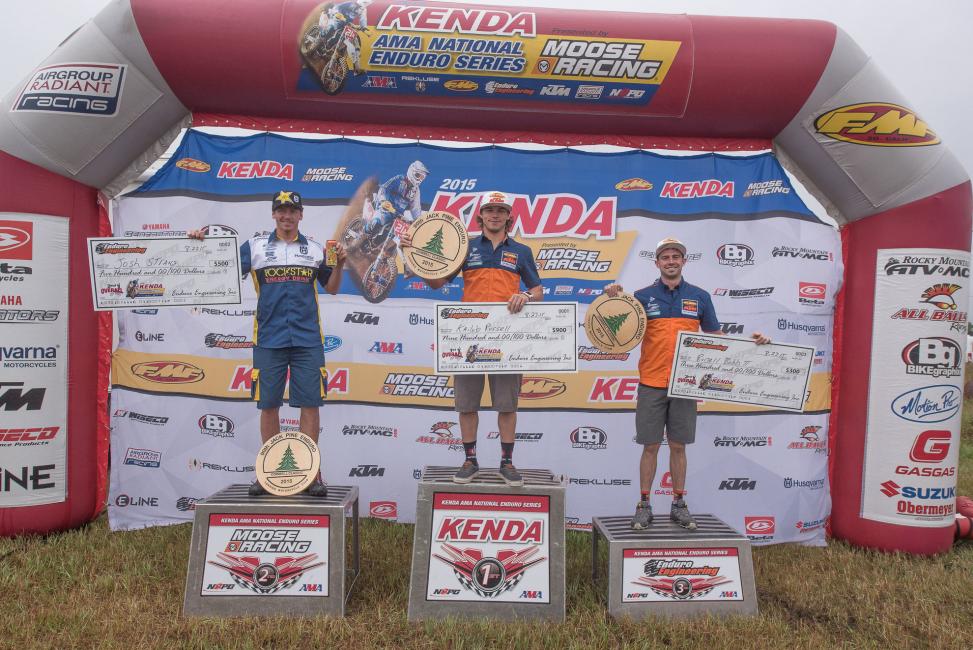 Kailub Russell (center), Josh Strang (left) and Russell Bobbitt (right) earned the top three positions at the Jack Pine Enduro.