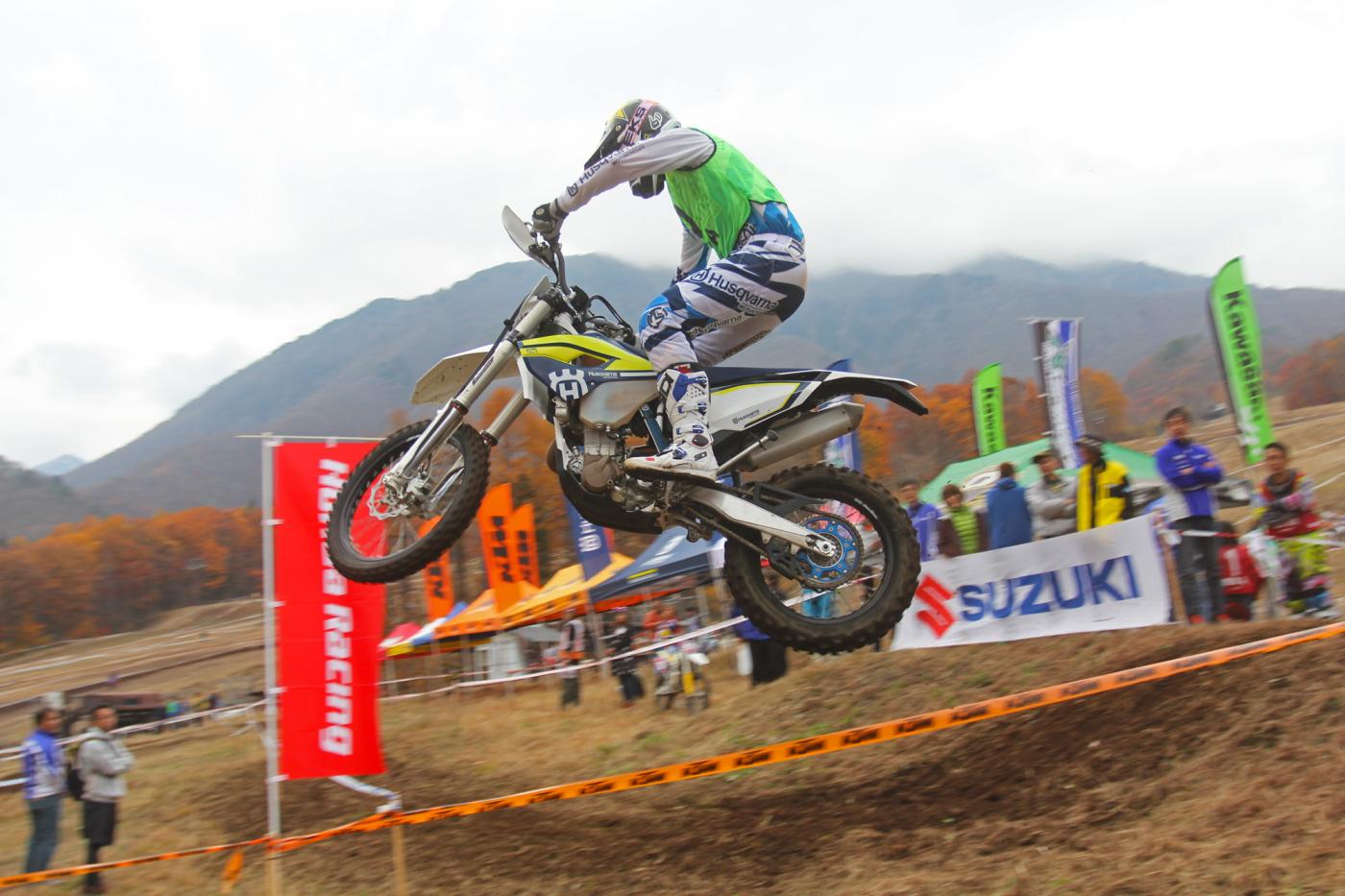 Josh Strang launches himself over a nice natural terrain jump in Saturday's team relay race.