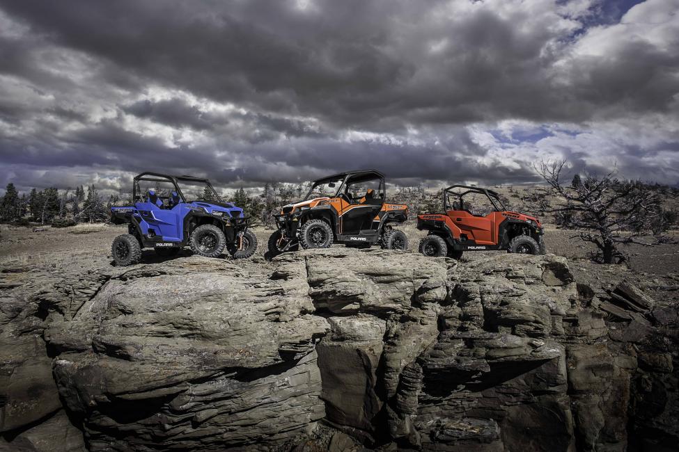 The new Polaris GENERAL Velocity Blue and Deluxe Orange Burst will be available in December. The Indy Red will be available in March of 2016.