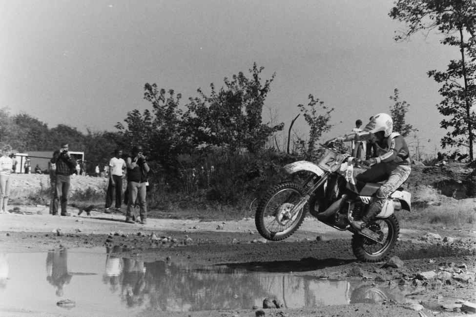 Mark Hyde lofts the front end across a puddle at Big Bear Lake in the mid-80s.