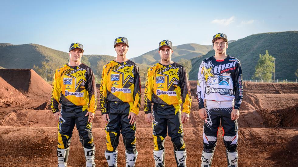 The Rockstar Energy Husqvarna Factory SX/MX riders from left to right: Zach Osborne, Christophe Pourcel, Martin Davalos, and Jason Anderson. Photo: Courtesy of Rockstar Energy Husqvarna