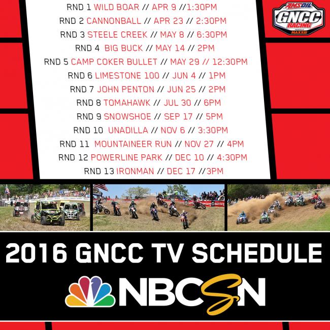 NBCSN Television Schedule Announced for 2016 GNCC Season GNCC Racing