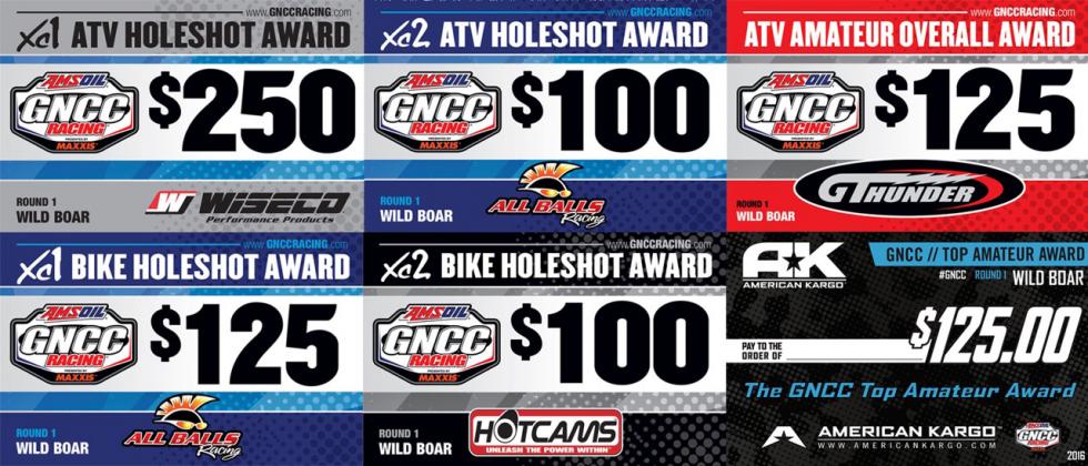 Check out this year's checks that will be awarded for XC1 and XC2 Holeshots as well as ATV Amateur Overall and GNCC Top Amateur. 
