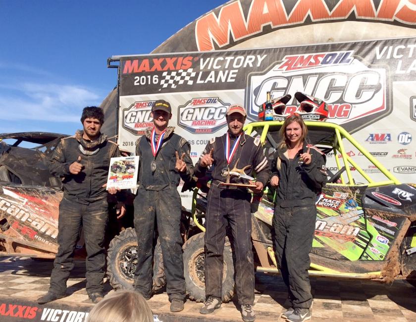 (From left) Berni Ainslie, driver Cody Miller, Kyle Chaney and co-pilot Taylor Rawls put together a great 1-2 podium effort at the 2016 Big Buck GNCC UTV race in South Carolina. Chaney notched his first win of the year and Miller tallied his second straight podium finish.