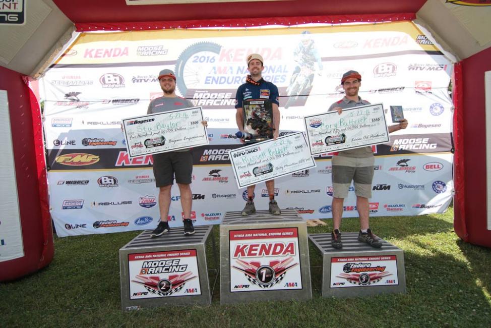 FMF KTM Factory Rider, Russell Bobbitt (center), earned the win at round 4 of the National Enduro Series followed by Stu Baylor (left) and Cory Buttrick (right).