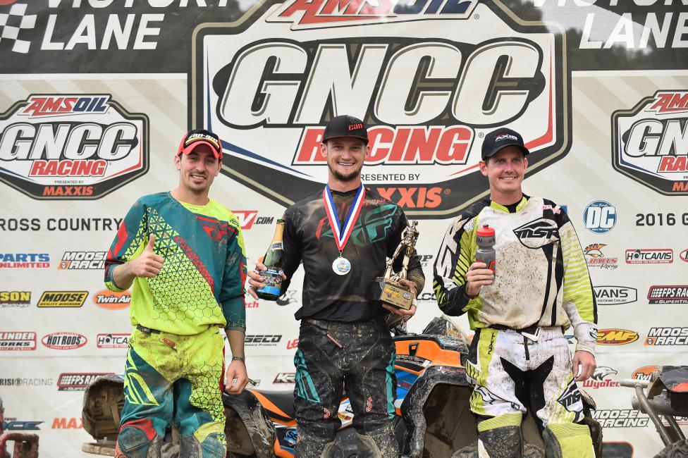 (From left) Kevin Cunningham, Cody Miller and Bryan Buckhannon have posted two consecutive podium sweeps in the GNCC 4x4 Pro ATV class the last two rounds. Cunningham won round 10, while Miller took the win at round 11. Photo: Courtesy of Can-Am