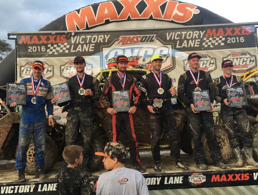 Can-Am racers recorded podium sweeps in both the XC1 Pro UTV and 4x4 Pro ATV classes at round 12 of the GNCC series. (From left) Kevin Cunningham, Cody Miller, Chris Bithell, Kyle Chaney, Tim Farr and Angel Knox stood on the UTV podium at Powerline Park after their sweep).