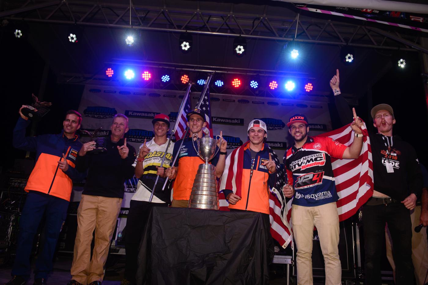 The US ISDE World Trophy Team was honored at Ironman! Left to right are Team Manager Antti Kallonen, Coastal Racing's Scott Kiger, Layne Michael, Taylor Robert, Kailub Russell, Thad Duvall and AMA Off-Road Racing Manager Erek Kudla.