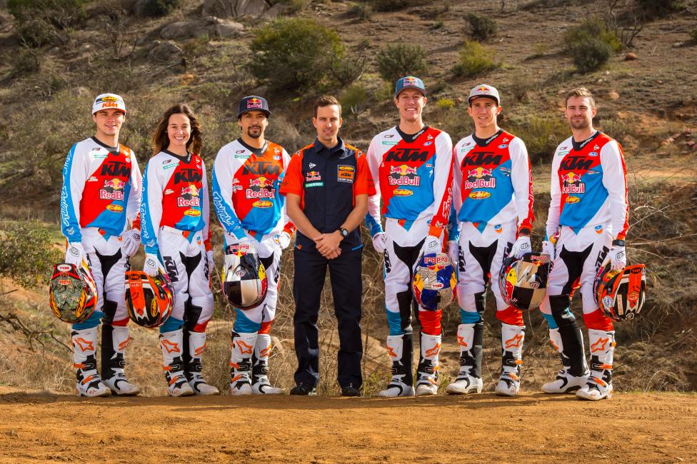 The six-rider roster includes from left to right, Kailub Russell, Kacy Martinez, Ivan Ramirez, Team Manager Antti Kalllonen, Cody Webb, Taylor Robert and Russell Bobbitt.