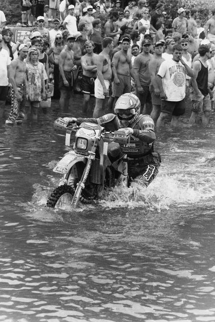 Here's the bottom of that power line from the dual sport photo earlier and Tommy Norton working his way through the river in 1993.
