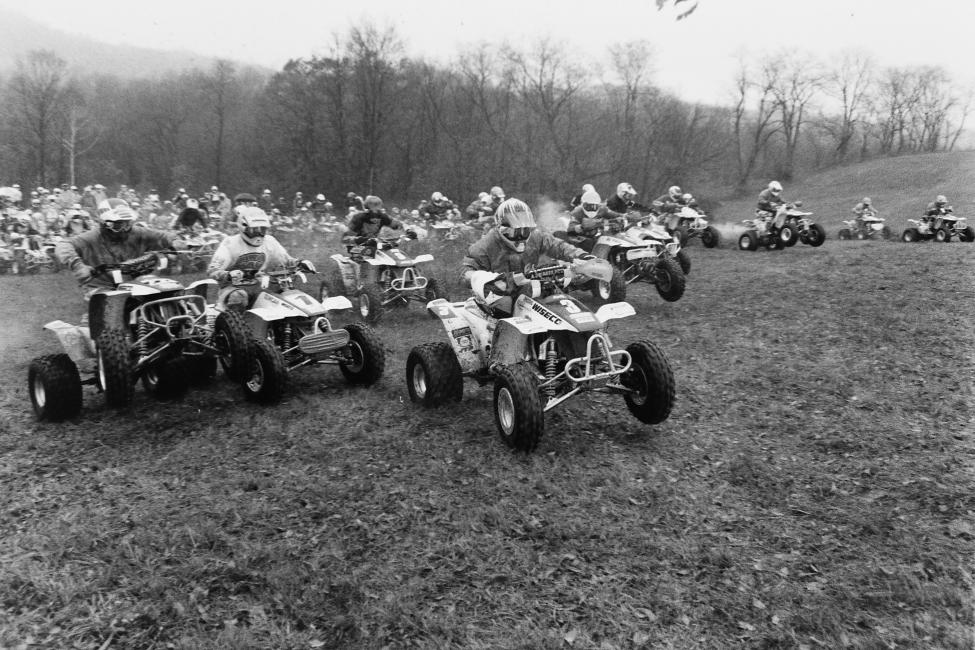 Barry Hawk (3) leads Bob Sloan (1) and High Point's own Mike Holbert (221) into the first turn in 1993.