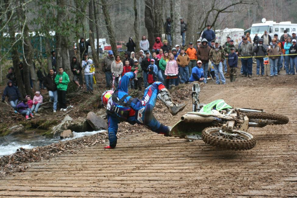The wooden bridge at Steele Creek can be a bit slick! Former Pro Motocrosser, Tyson Hadsell, finds out in 2008.
