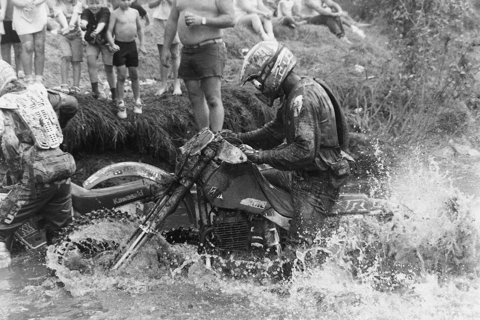 Scott Summers works his way through one of the river crossings at the Blackwater 100 in 1990.