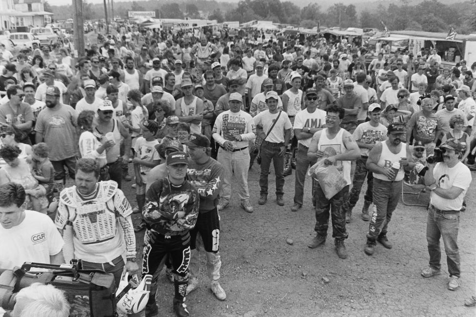 Everyone gathers around for the riders meeting at the 1993 Blackwater 100!