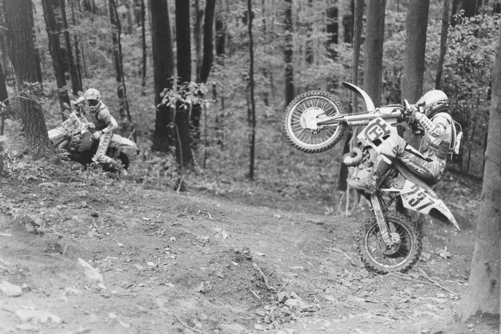 Here a couple of riders struggle on one of the hills at Hardrock in 1992.